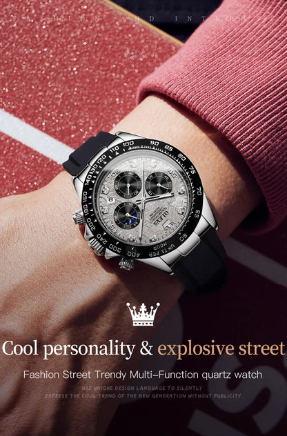 OLEVS 2875 Quartz Watch for Men Original Luxury Brand Silicone Strap Chronograph Auto Date Waterproof Moon Phase Sport Man Watch