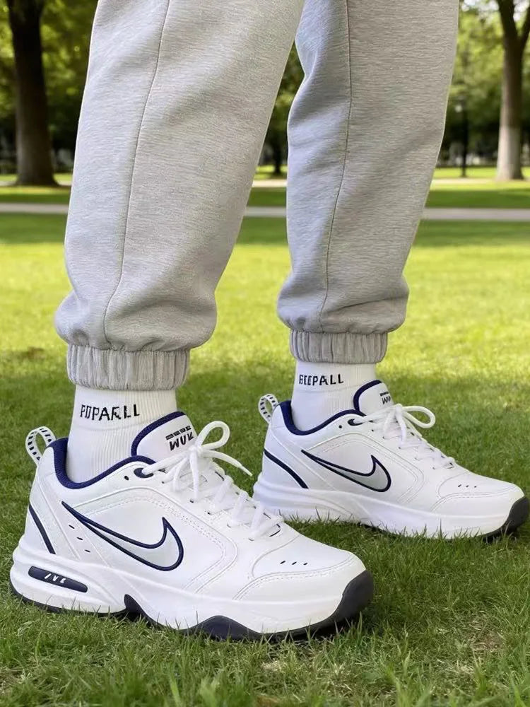 Nike Air Monarch 4 Бял, тъмносин, плат, кожа, ретро, класически, неплъзгащи се, ниски мъжки обувки в стил „Dad Shoes“, сини и бели, 415445-102