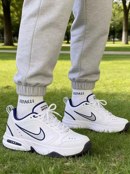 Nike Air Monarch 4 Бял, тъмносин, плат, кожа, ретро, класически, неплъзгащи се, ниски мъжки обувки в стил „Dad Shoes“, сини и бели, 415445-102