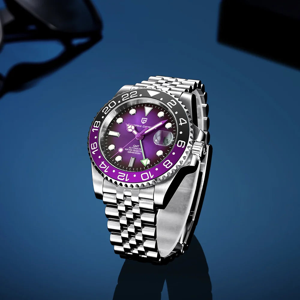 Mehanska moška ura Pagani Design GMT – Luksuzni model s safirnim steklom, ohišjem iz nerjavečega jekla in keramičnim okvirjem – Avtomatska moška ura, poslovni stil