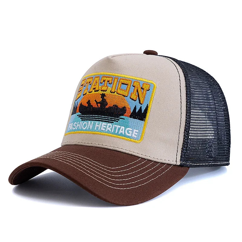 Șapcă de pescuit de vară, din plasă respirabilă, tip „trucker”, pentru bărbați și femei, cu design brodat în stil pescăresc, șapcă „snapback”, pentru pescuit în aer liber