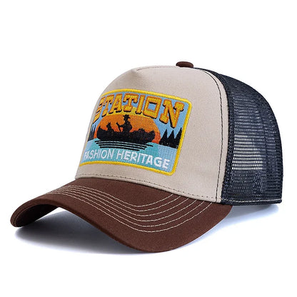 Șapcă de pescuit de vară, din plasă respirabilă, tip „trucker”, pentru bărbați și femei, cu design brodat în stil pescăresc, șapcă „snapback”, pentru pescuit în aer liber