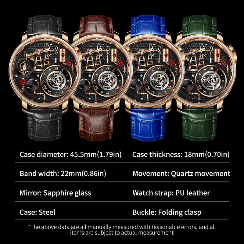 Orologio da uomo PINDU NEW TOP al quarzo con pulsante pompa olio, stile business, 45.5MM, vetro zaffiro, impermeabile, cinturino in pelle
