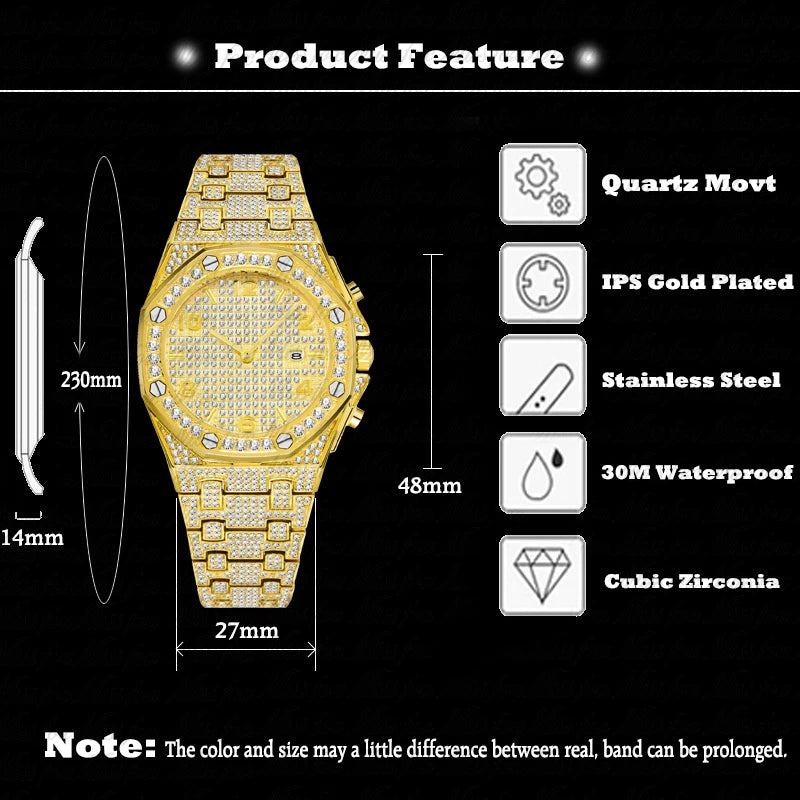 Gold Watches For Men Full Iced Diamond Men's Quartz Watch Luxury Fashion Calendar Wristwatch Dropshipping