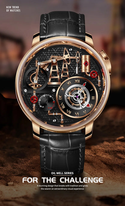Orologio da uomo PINDU NEW TOP al quarzo con pulsante pompa olio, stile business, 45.5MM, vetro zaffiro, impermeabile, cinturino in pelle