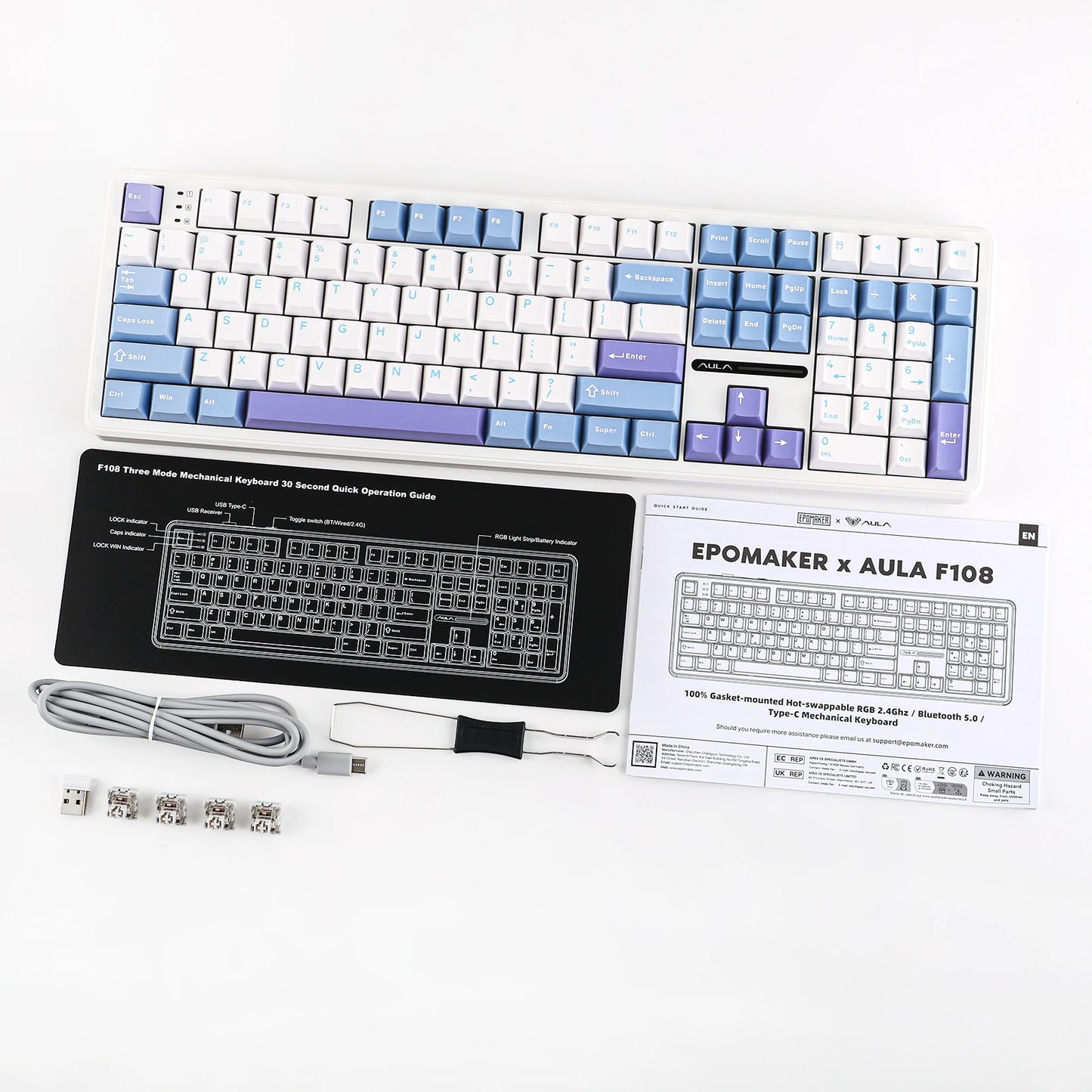 EPOMAKER x AULA F108 Full Size 100% ANSI Layout Hot-Swap Wired/2.4GHz/Bluetooth 5.0 Wireless Mechanical Keyboard RGB Backlight