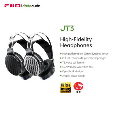 Auscultadores FiiO JT3 Over-Ear com Fio e Design Aberto, Driver Dinâmico de 50mm HiFi, Cabo Amovível