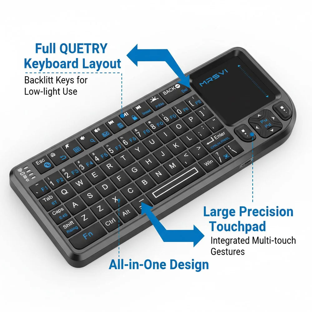MRSVI Mini Teclado A8 PLUS, teclado sem fios retroiluminado 2.4GHz e Bluetooth5.0 com touchpad para Android TV Box, Mac, portátil, Windows
