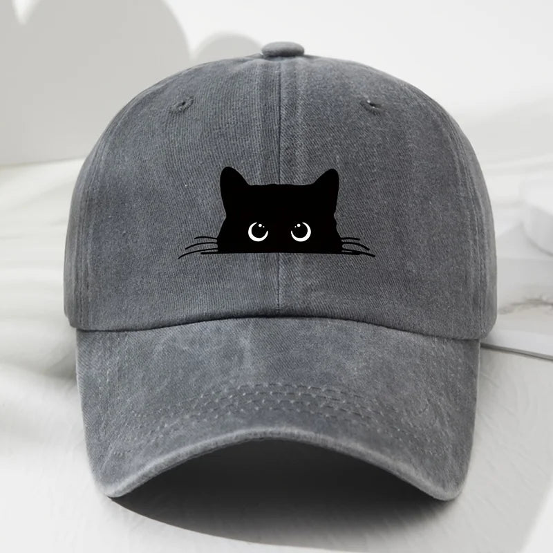 Cute cat print vintage washed baseball cap for men and women, versatile casual curved brim hat