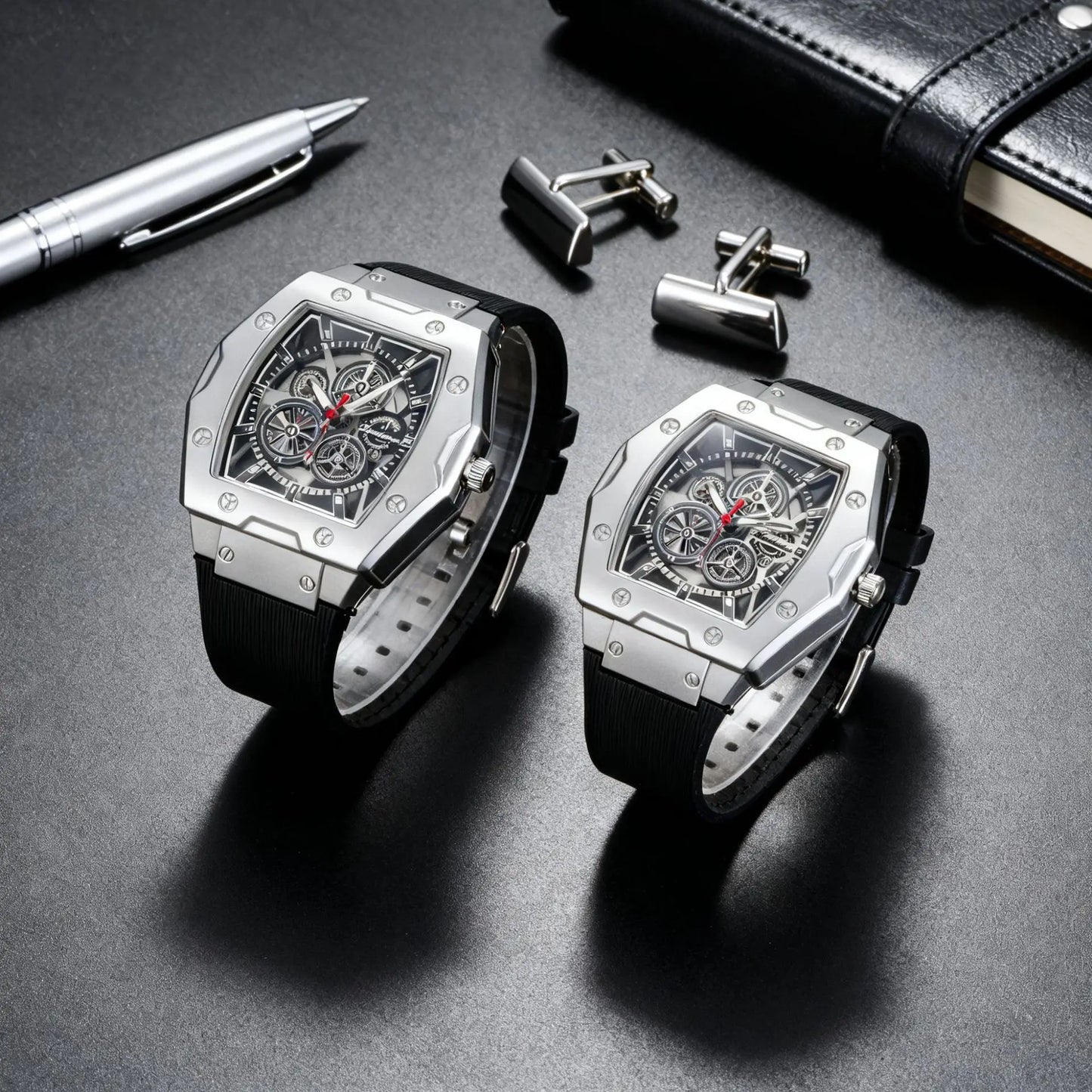 New Fashion Luxury Man Tonneau Hollow Skeleton Faux Mechanical Watch Men Militray Sports Silicone Quartz Watches Reloj Hombre