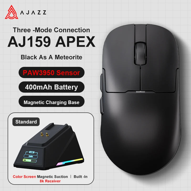 AJAZZ AJ159 APEX belaidė žaidimų pelė, lengva RGB žaidimų pelė su magnetine įkrovimo stovele, „Bluetooth“ ir 2.4GHz, iki 30,000 DPI, skirta stacionariems kompiuteriams ir nešiojamiesiems kompiuteriams