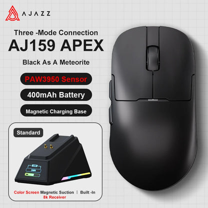 AJAZZ AJ159 APEX belaidė žaidimų pelė, lengva RGB žaidimų pelė su magnetine įkrovimo stovele, „Bluetooth“ ir 2.4GHz, iki 30,000 DPI, skirta stacionariems kompiuteriams ir nešiojamiesiems kompiuteriams