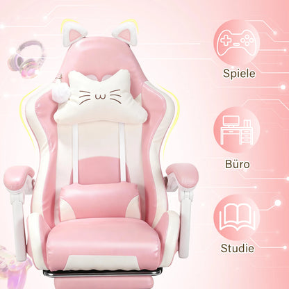 Gaming Chair with Cat Ears, Computer Armchair with Footrest and Lumbar Support, Height Adjustable Game Chair, 360°-Swivel Seat