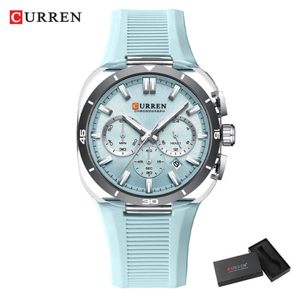 CURREN herenhorloge – Nieuw luxe quartzmodel, siliconen band, sportieve stijl, multifunctioneel, waterdicht, verlicht, met datumweergave en chronograaf.