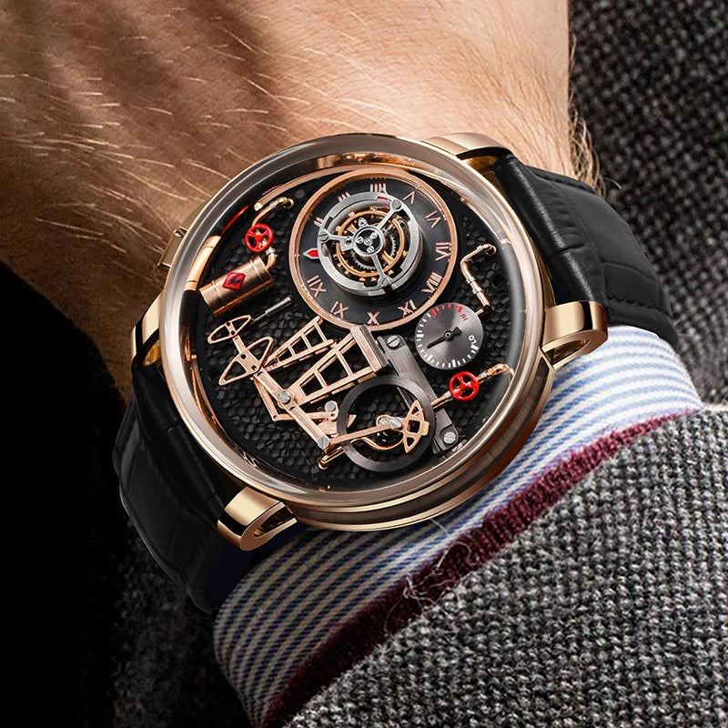 Orologio da uomo PINDU NEW TOP al quarzo con pulsante pompa olio, stile business, 45.5MM, vetro zaffiro, impermeabile, cinturino in pelle