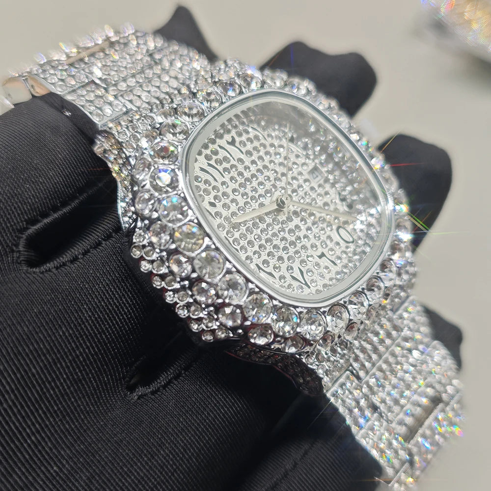 Luxury Brand Men Quartz Watch Fashion Square Hip Hop Diamond Out Sparkling Jewelry Waterproof Stainless Steel Wristwatch Man New