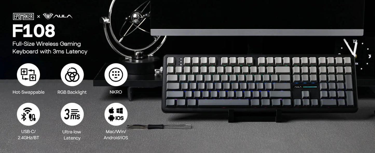 EPOMAKER x AULA F108 Full Size 100% ANSI Layout Hot-Swap Wired/2.4GHz/Bluetooth 5.0 Wireless Mechanical Keyboard RGB Backlight
