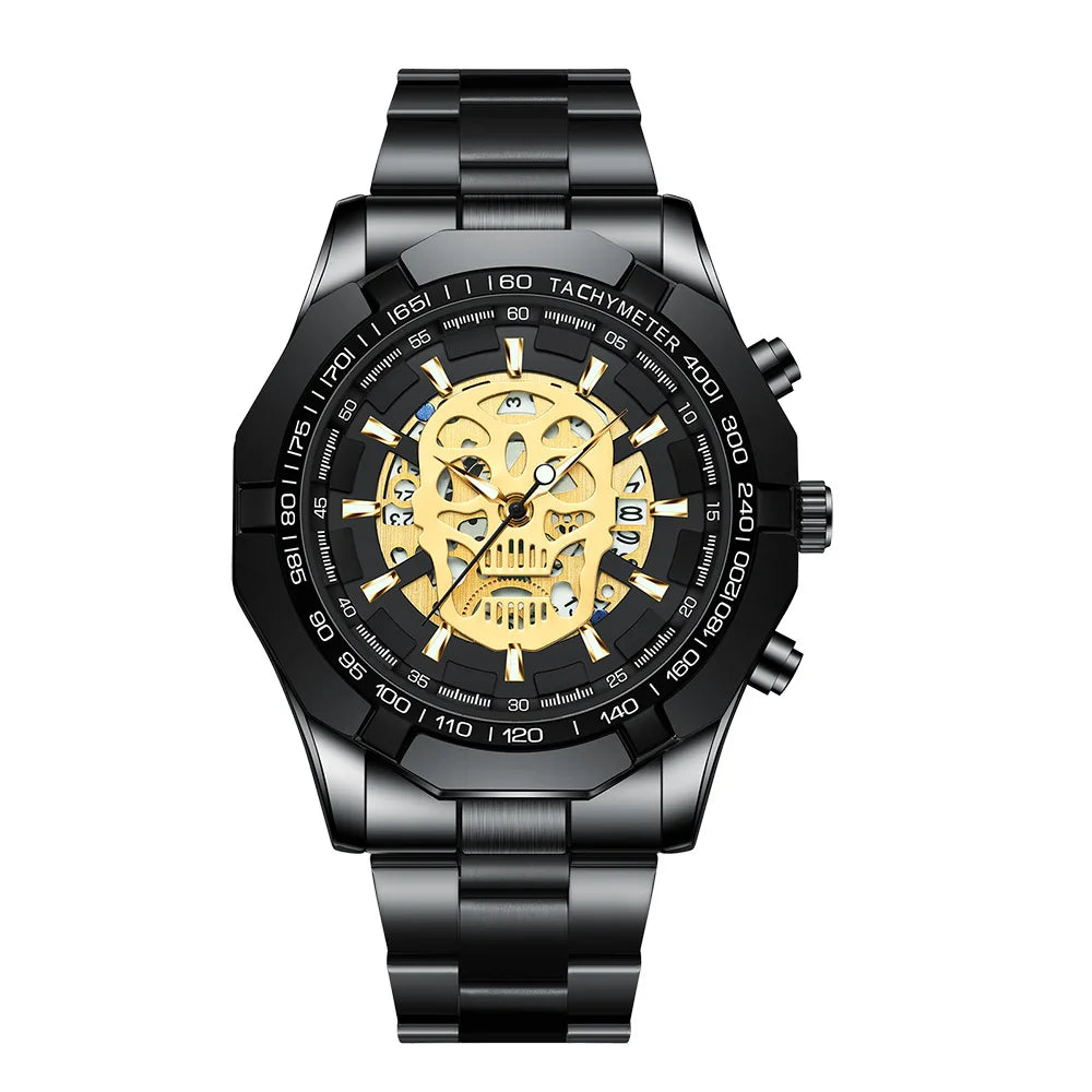 Montre-bracelet BINBOND pour homme, motif crâne squelette, à quartz précis, luxueuse, lumineuse, étanche, avec date automatique, robuste.