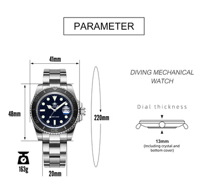 ADDIESDIVE Men's Quartz Watch 200m Waterproof Ceramic Bezel Steel Watch Magnifying Mirror Glass BGW9 Blue Luminous Diving Watch