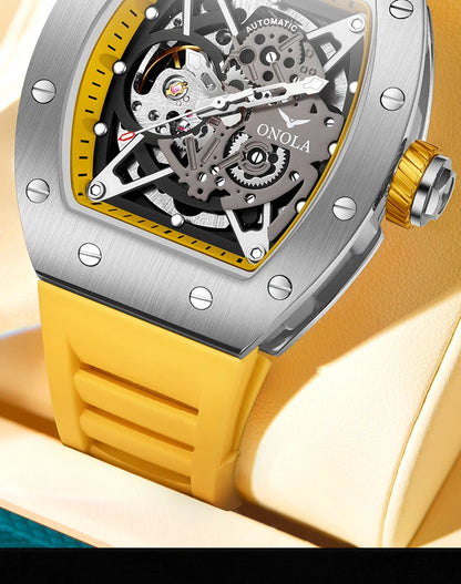 ONOLA Luxury Automatic Watch Men Fashion Hollow Silicone Waterproof Mechanical Watch Men Military Sports Watch Clock