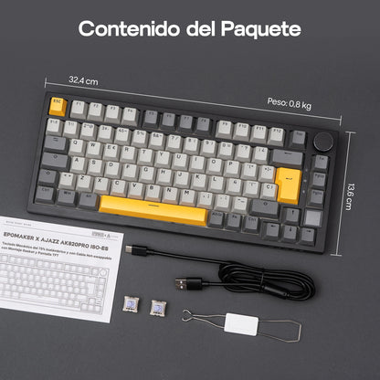 Teclado mecânico ISO-ES EPOMAKER X AJAZZ AK820 PRO 75% com layout espanhol, com fios/2.4GHz/BT, ecrã e botão rotativo para PC/Mac