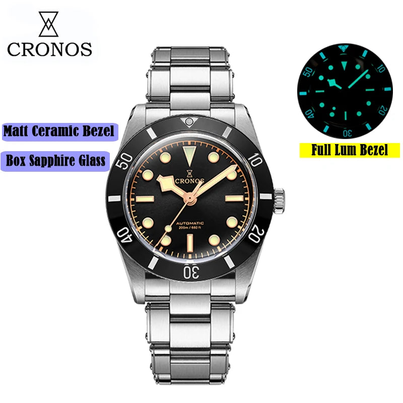 Cronos Luxury Men's Watches 37mm Diver BB54 Vintage Automatic Matt/ Aluminum Bezel Female End Links Sapphire 20 Bar L6033 M