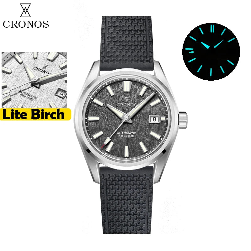 Cronos Men Watch 39mm Automatic Miyota 9015 Movement Wristwatches White Dial Birch Pattern Solid Links Sapphire 10 ATM L6040M