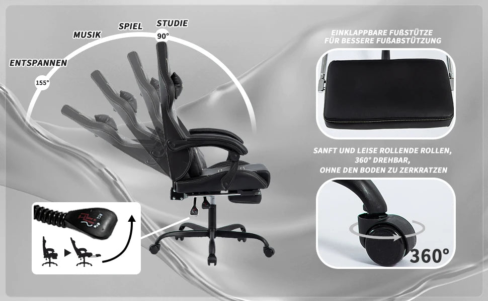 WOTSTA Ergonomic Gaming Chair with Footrest, Racing Computer Chair, Adjustable Height Office Chair with Armrests, Comfortable Leather Gaming Seat