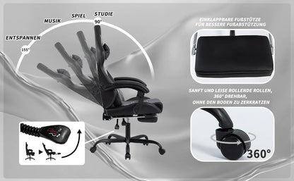 WOTSTA Ergonomic Gaming Chair with Footrest, Racing Computer Chair, Adjustable Height Office Chair with Armrests, Comfortable Leather Gaming Seat