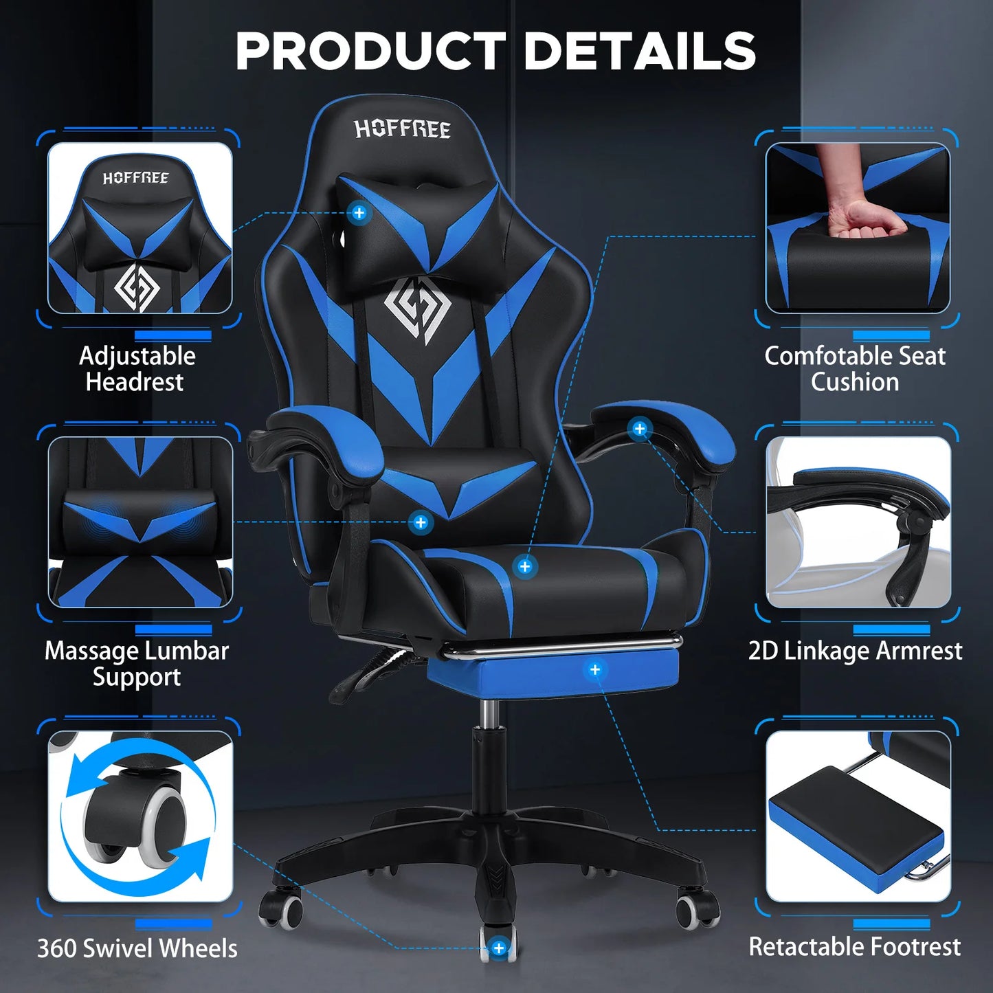 200Lbs Gaming Chair with Massage Lumbar Support, Ergonomic PC Gaming Chair with Footrest, Reclining Adjustable Armrest Computer Chair