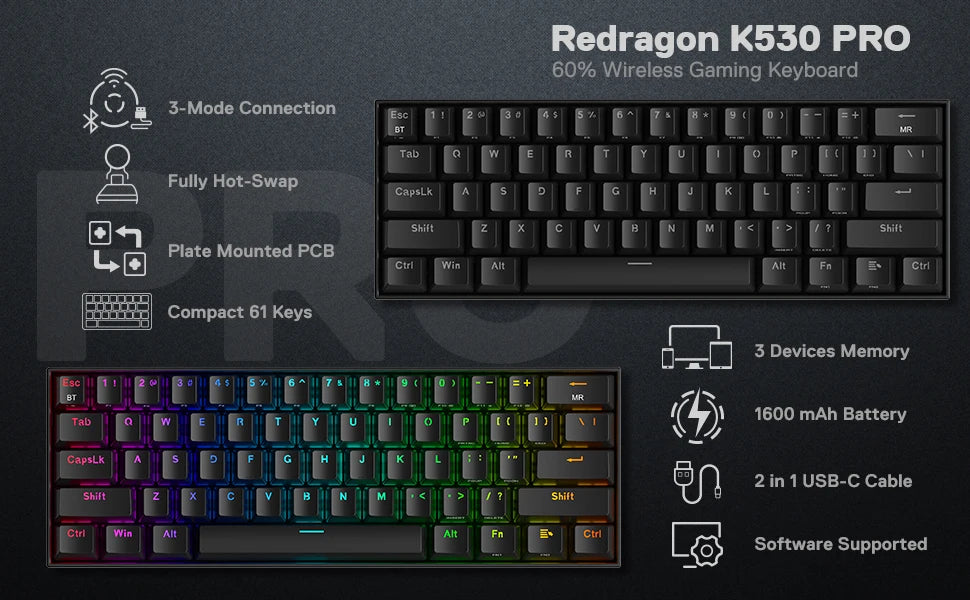 Redragon K530 Pro Draconic 60% Wireless Mechanical Keyboard, 61-Key RGB Hot-Swappable Gaming Keyboard, Bluetooth 5.0/2.4GHz/USB-C Tri-Mode Mechanical Keyboard