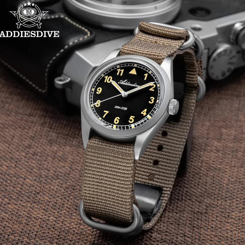 ADDIESDIVE Luxury Quartz Watch For Men New 36mm AR Coated Bubble Glass AD2079 Luminous 100m Waterproof Stainless Steel Men Gift