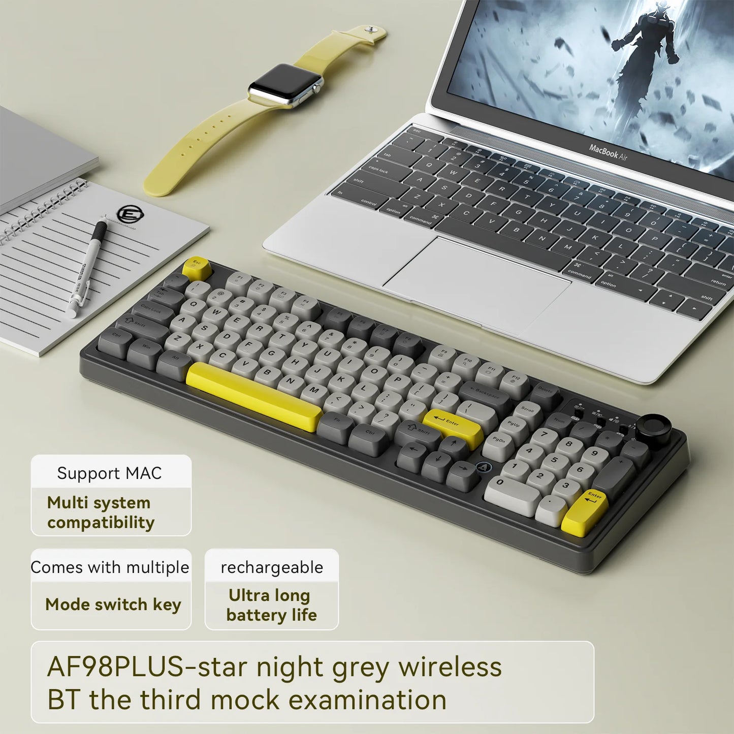 Teclado AJAZZ AF98 com/sem fios, sensação mecânica, para escritório, bateria de longa duração, três modos, iluminação mista RGB, teclas em ABS, ergonómico