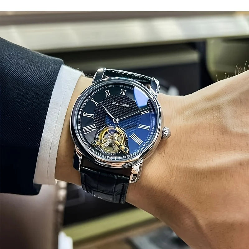 Montre mécanique automatique pour homme – Design ajourélégant, style « business casual » tendance, boîtier en alliage et bracelet en cuir, sans pile
