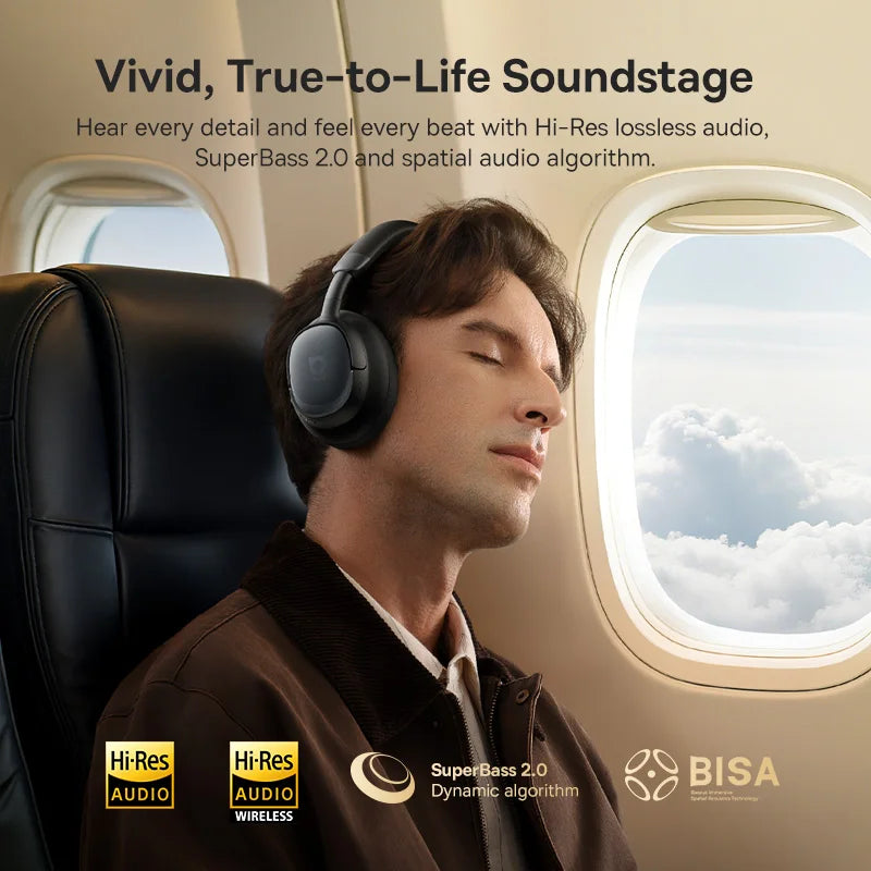 Baseus Bowie MH1 Bluetooth 6.0 Wireless Headphones with 48dB ANC, Hi-Res LDAC Audio, Baseus Bowie MH1 Noise Cancelling Over Ear Headset with 80H Battery