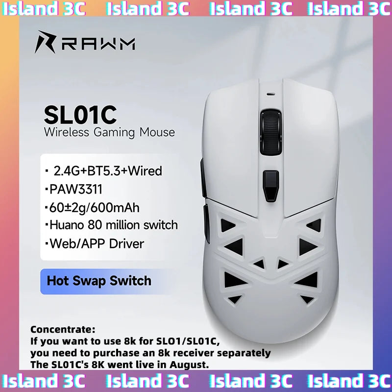 RAWM SL01C Wireless Lightweight Gaming Mouse Tri-Mode Bluetooth PAW3311 RGB Gaming Mouse for PC, Laptop & Office