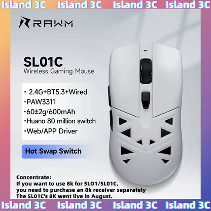 RAWM SL01C Wireless Lightweight Gaming Mouse Tri-Mode Bluetooth PAW3311 RGB Gaming Mouse for PC, Laptop & Office