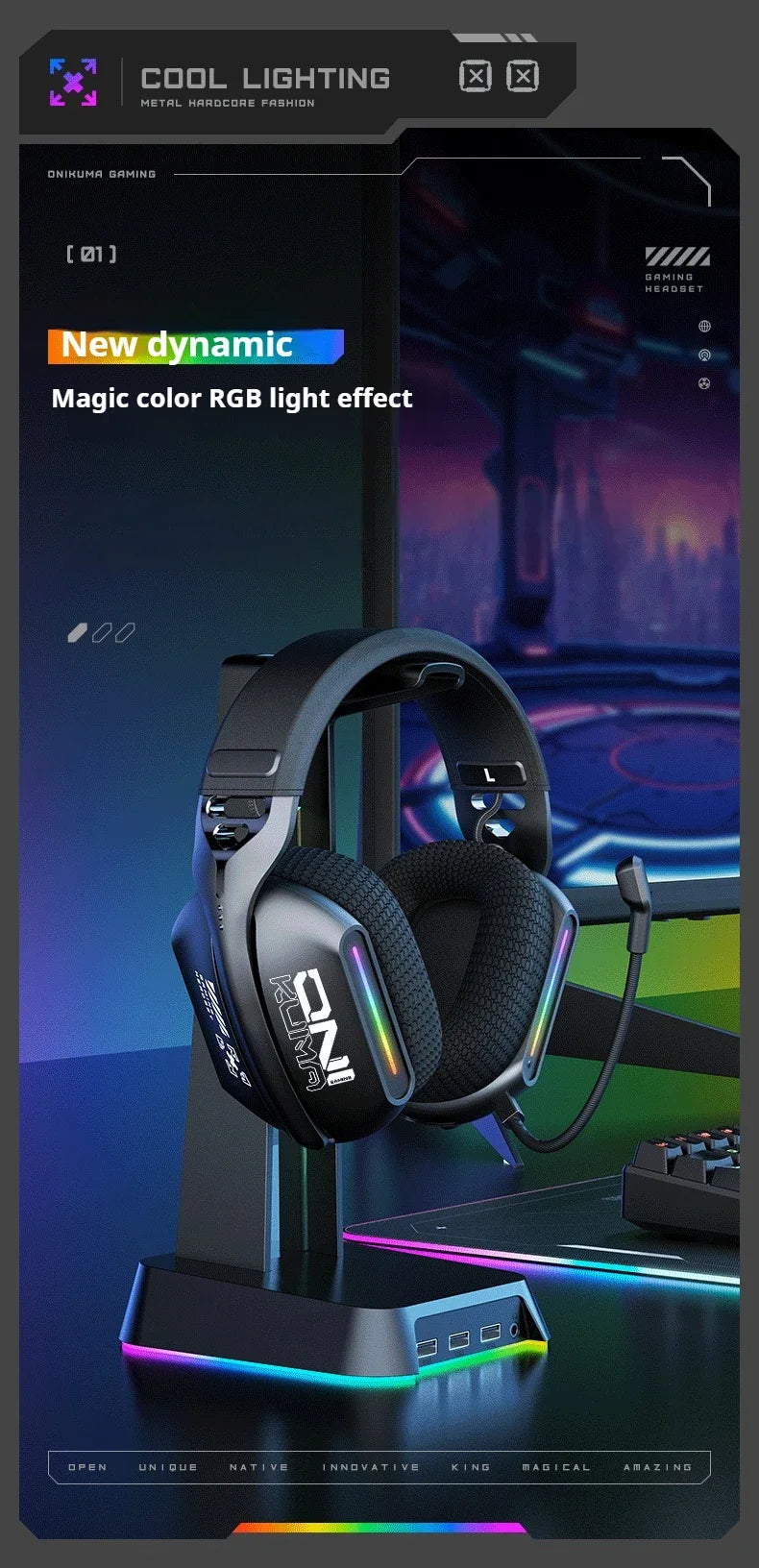 Auscultadores Gaming Sem Fios ONIKUMA GT808 2.4G/Bluetooth/Com Fio, 3 Modos, Over-Ear, com Microfone com Cancelamento de Ruído para PC PS4 PS5
