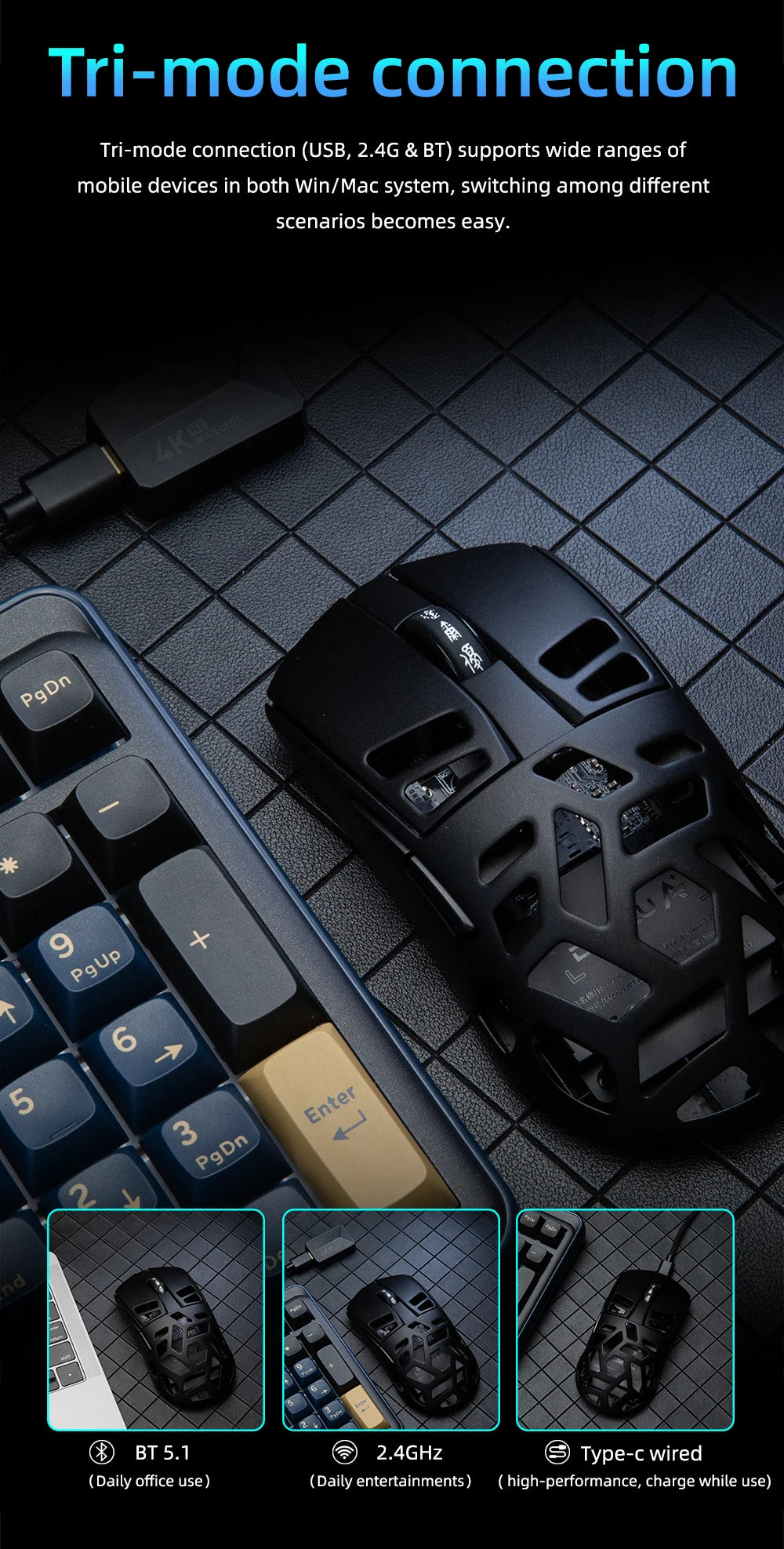 DAREU Al-mg Tri-mode 8Khz PBT trådløs gamingmus med hurtigopladning, PAW3950, 30000 DPI, letvægtsdesign til PC-gamere