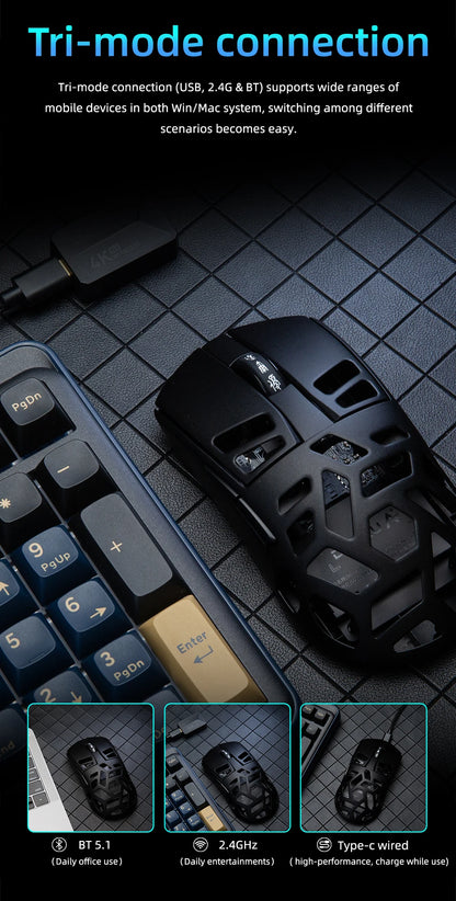 DAREU Al-mg Tri-mode 8Khz PBT trådløs gamingmus med hurtigopladning, PAW3950, 30000 DPI, letvægtsdesign til PC-gamere