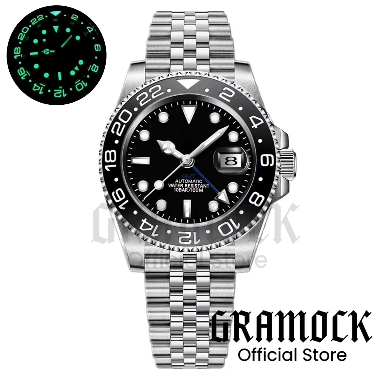 Gramock White Dial Blue GMT 40MM Watch For Men Roating Bezel Sapphire Glass Waterproof Reloj Hombre NH34A Mechanical Wristwatch