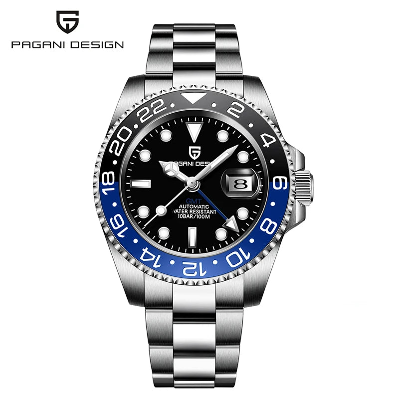 Orologio PAGANI DESIGN GMT 40MM da uomo, di lusso, con vetro zaffiro AR, movimento meccanico automatico, lunetta in ceramica, impermeabile 100M, idea regalo
