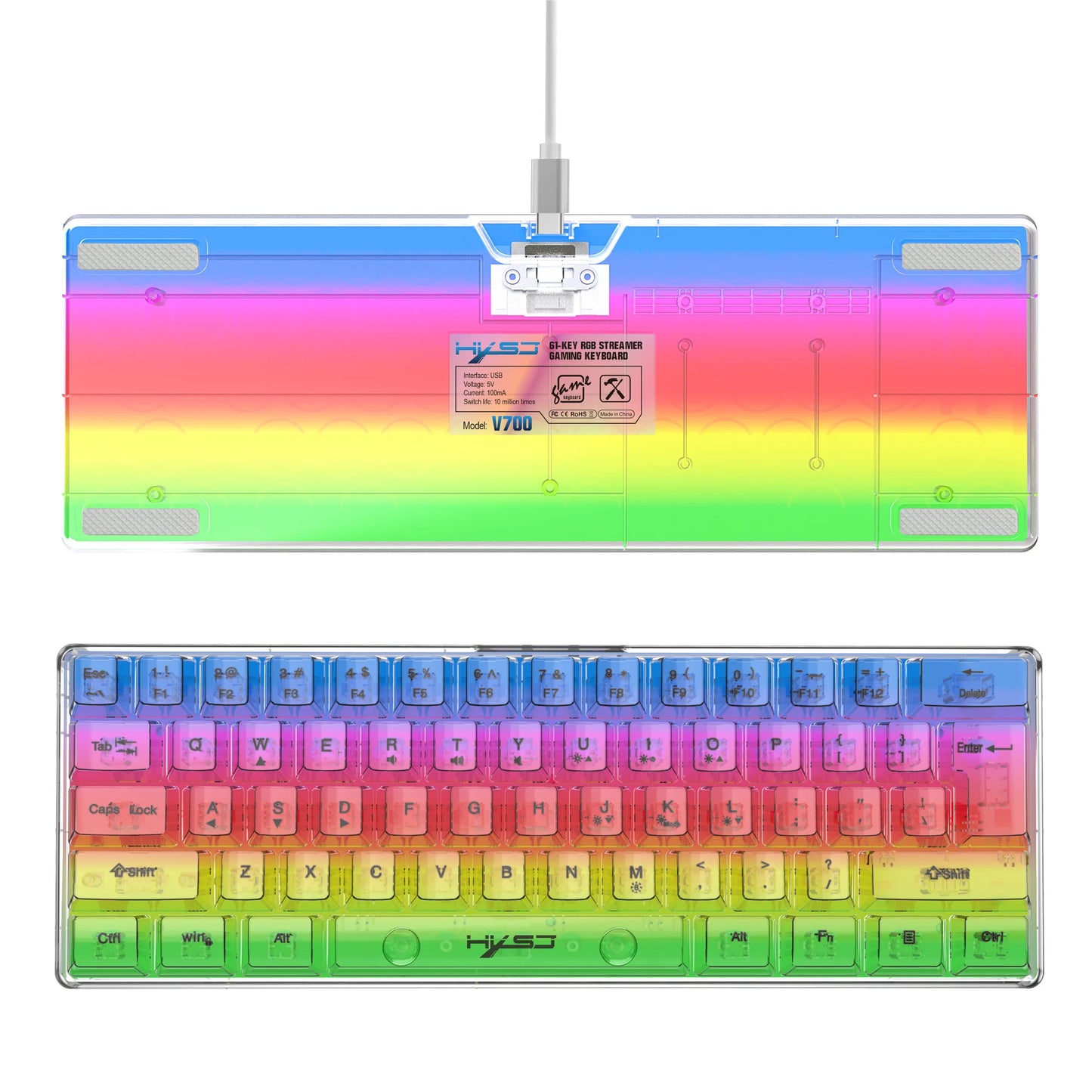 Teclado Gaming Transparente com Fio HXSJ 60%, Retroiluminação RGB, Ultra-Compacto, Impermeável, Teclado Compacto Pequeno de 61 Teclas para PC/Mac