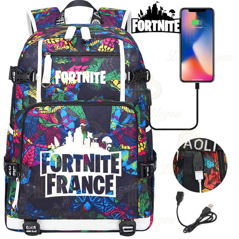 Yule Trooper F-Fortnited Battle Royale Backpack with USB Charging Anime Figures Study Stationery Compartment Students Mochila