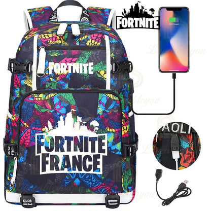 Yule Trooper F-Fortnited Battle Royale Backpack with USB Charging Anime Figures Study Stationery Compartment Students Mochila
