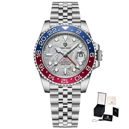 Mehanska moška ura Pagani Design GMT – Luksuzni model s safirnim steklom, ohišjem iz nerjavečega jekla in keramičnim okvirjem – Avtomatska moška ura, poslovni stil