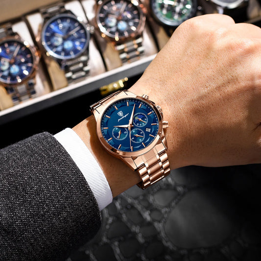 Montre-bracelet de luxe pour homme POEDAGAR, style militaire, étanche, lumineuse, chronographe, en acier inoxydable, à quartz, avec boîte.