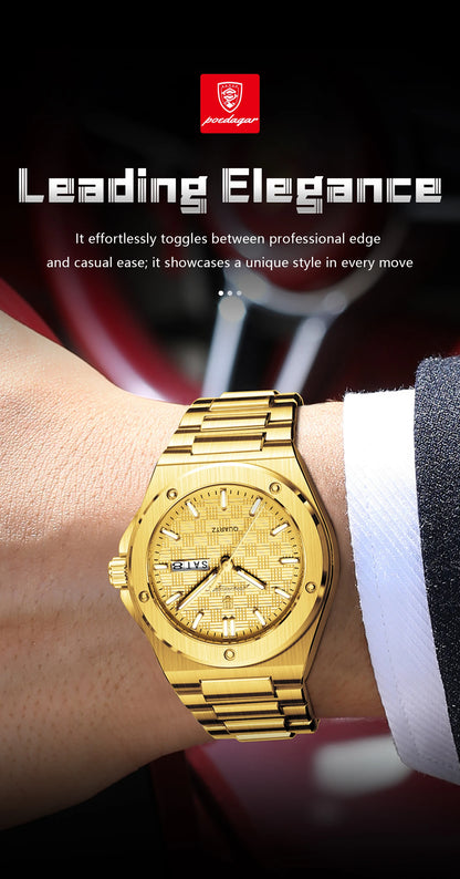 POEDAGAR Business Men Clock Date Week Stainless Steel Luxury Man Wristwatch Waterproof Luminous Sport Quartz Men's Watches Reloj