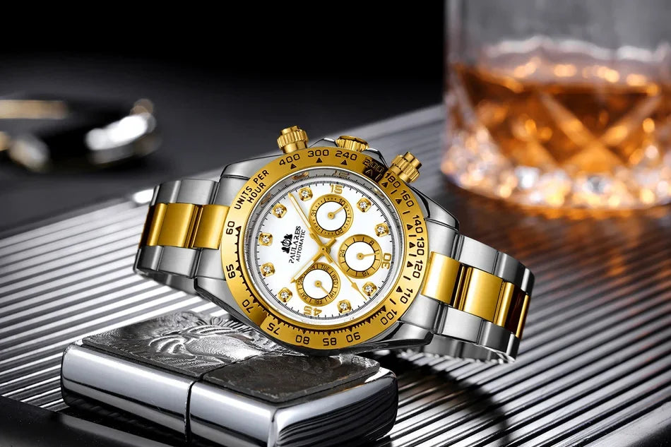 Automatic Mens Watch Mechanical Self Wind Movement Gold Black Stainless Steel Diamonds Stone Sports Luxury Fashion Watches