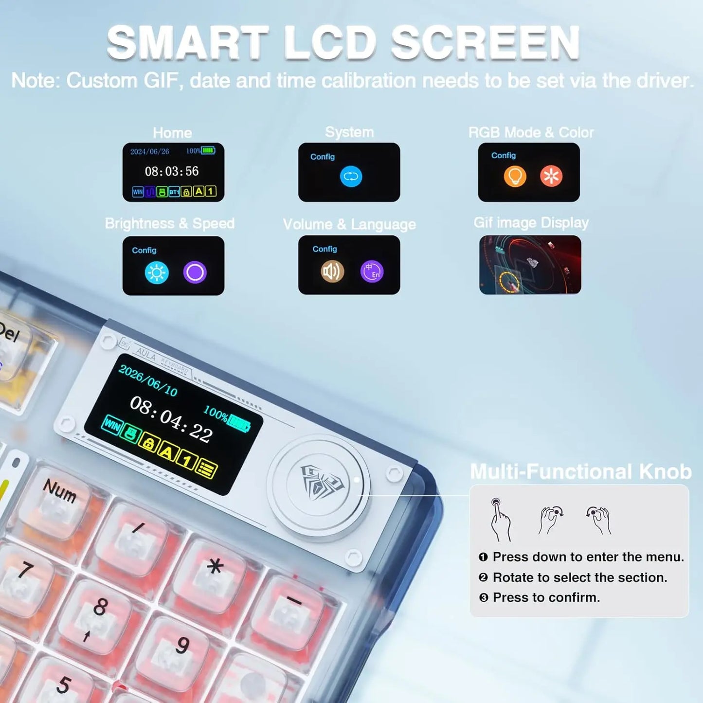 AULA F98Pro V3 Mechanical Keyboard 3-mode Wireless Bluetooth Hot-swap E-sports Customized Transparent Keycaps RGB Game Keyboards